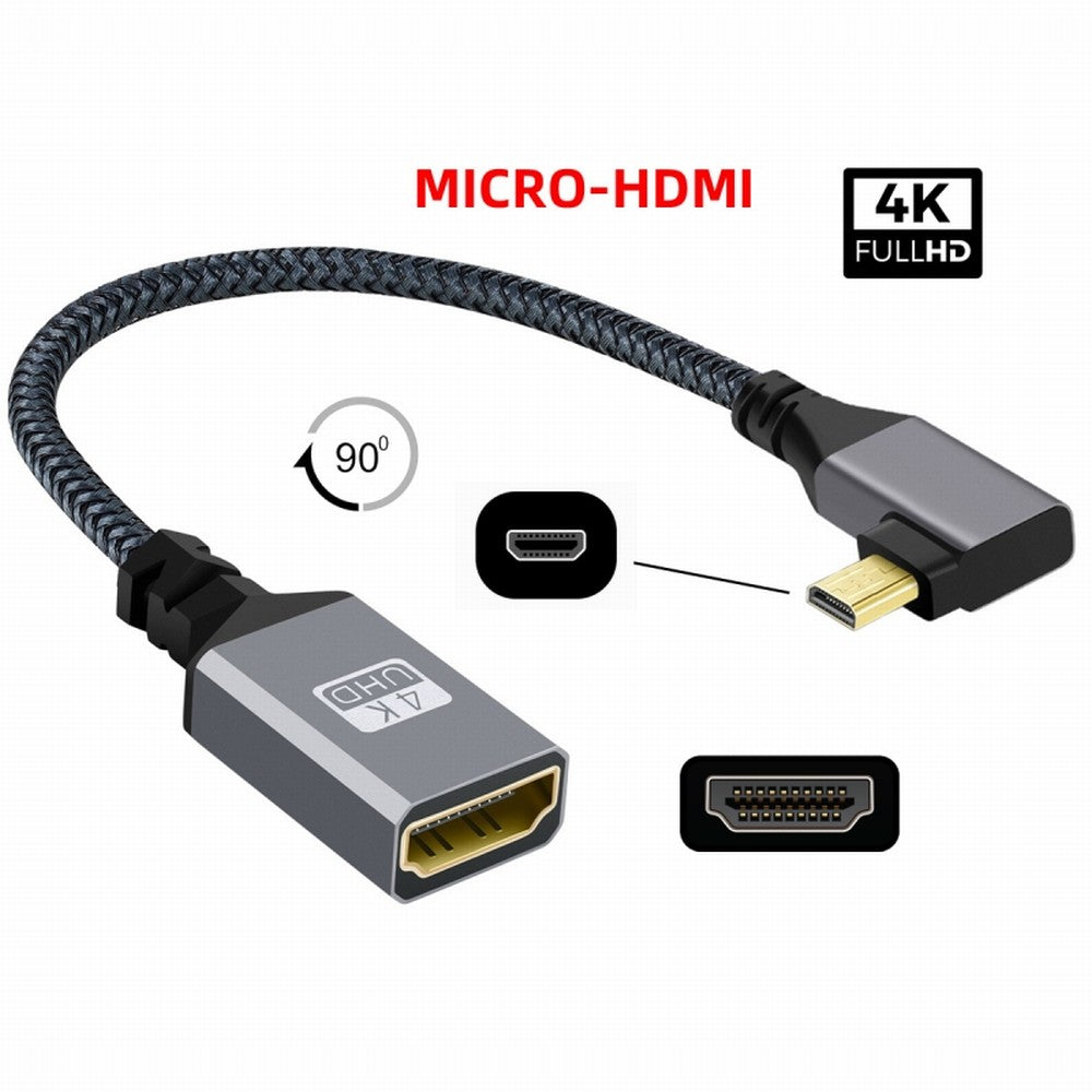 4K Type-D Micro HDMI 1.4 Male 90 Degree Left Angled to HDMI Female Extension Cable for DV MP4 Camera DC Laptop HD-012-LE