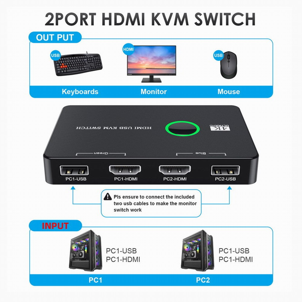 KVM USB 2.0 & HDMI 4K Switch Selector Dual PCs Sharing Monitor HDTV USB Port Keyboard Mouse Scanner Printer HD-005