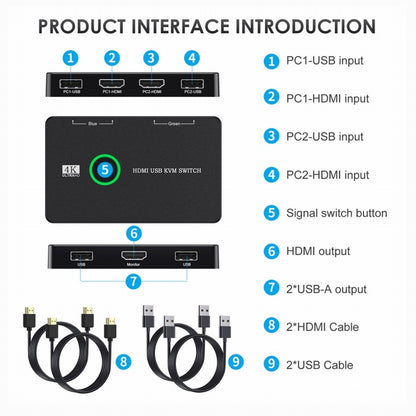 KVM USB 2.0 & HDMI 4K Switch Selector Dual PCs Sharing Monitor HDTV USB Port Keyboard Mouse Scanner Printer HD-005