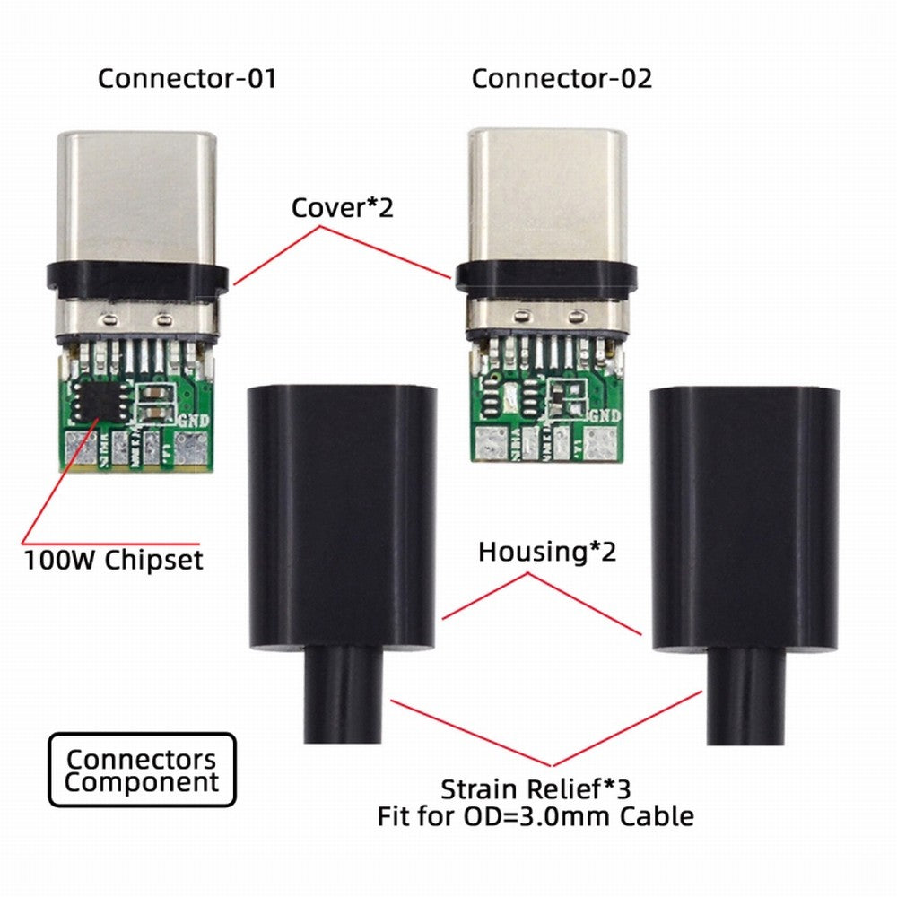 2sets/lot DIY OEM 24pin Connector Plug USB Type C USB-C Male to USB-C Male 100W PD USB2.0 Data with Housing Cover CN-004