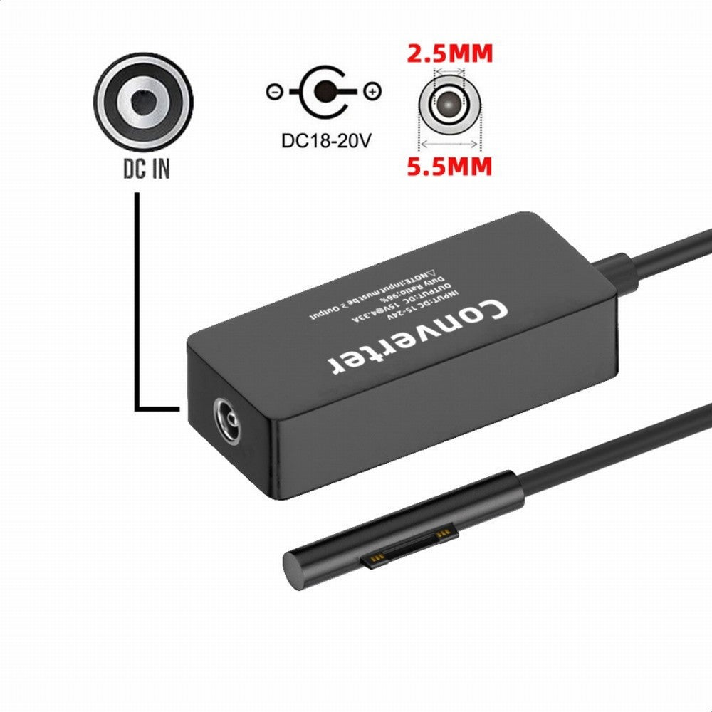 DC 5.5x2.5mm Jack 65W 20V 15V-24V to Surface Pro3 Pro4 Pro5 Pro6 Pro7 Pro8 Pro9 Book Pro Charge Cable PW-016-5525MM