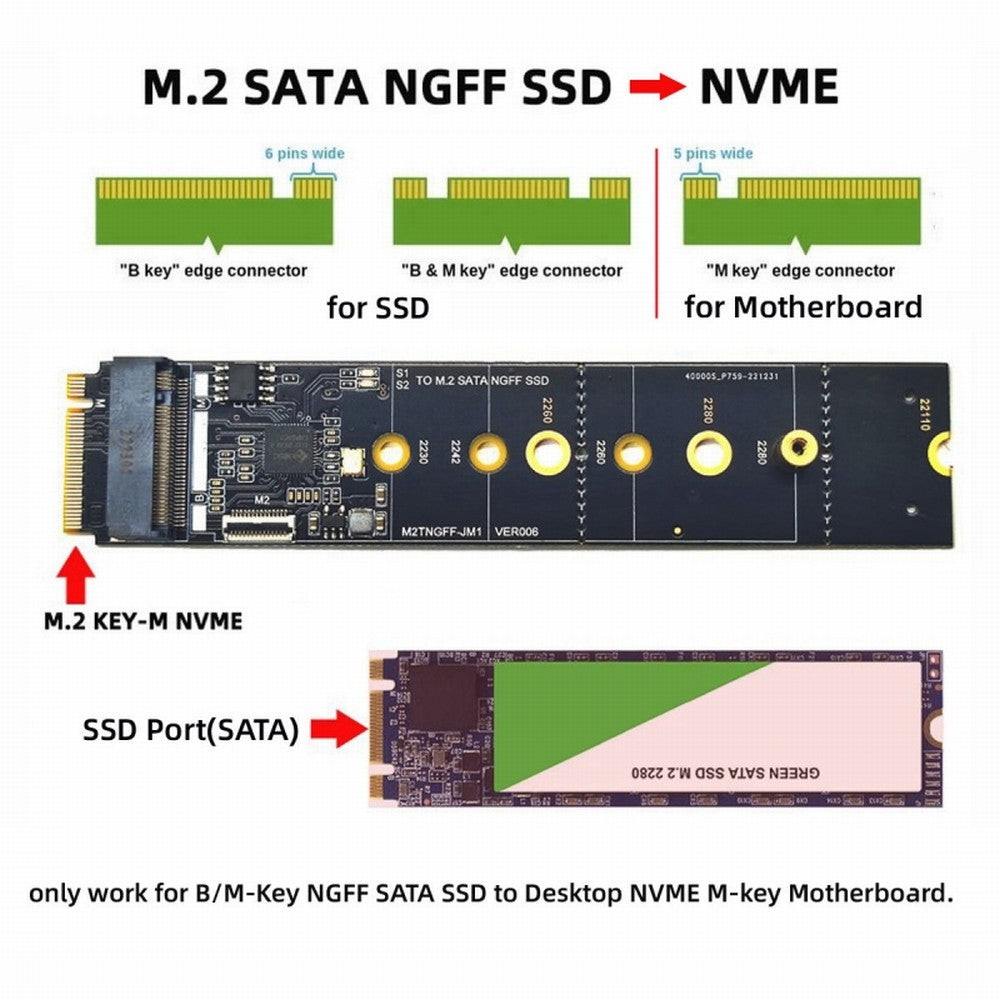 SATA NGFF Key B+M SSD to NVME M-key Motherboard Desktop Adapter Converter SSD Card JMB582 2280 SA-050