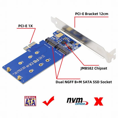 Dual SATA NGFF Key B+M SSD to PCI-E 1x Motherboard Desktop Adapter Converter SSD Card JMB582 2280 SA-053