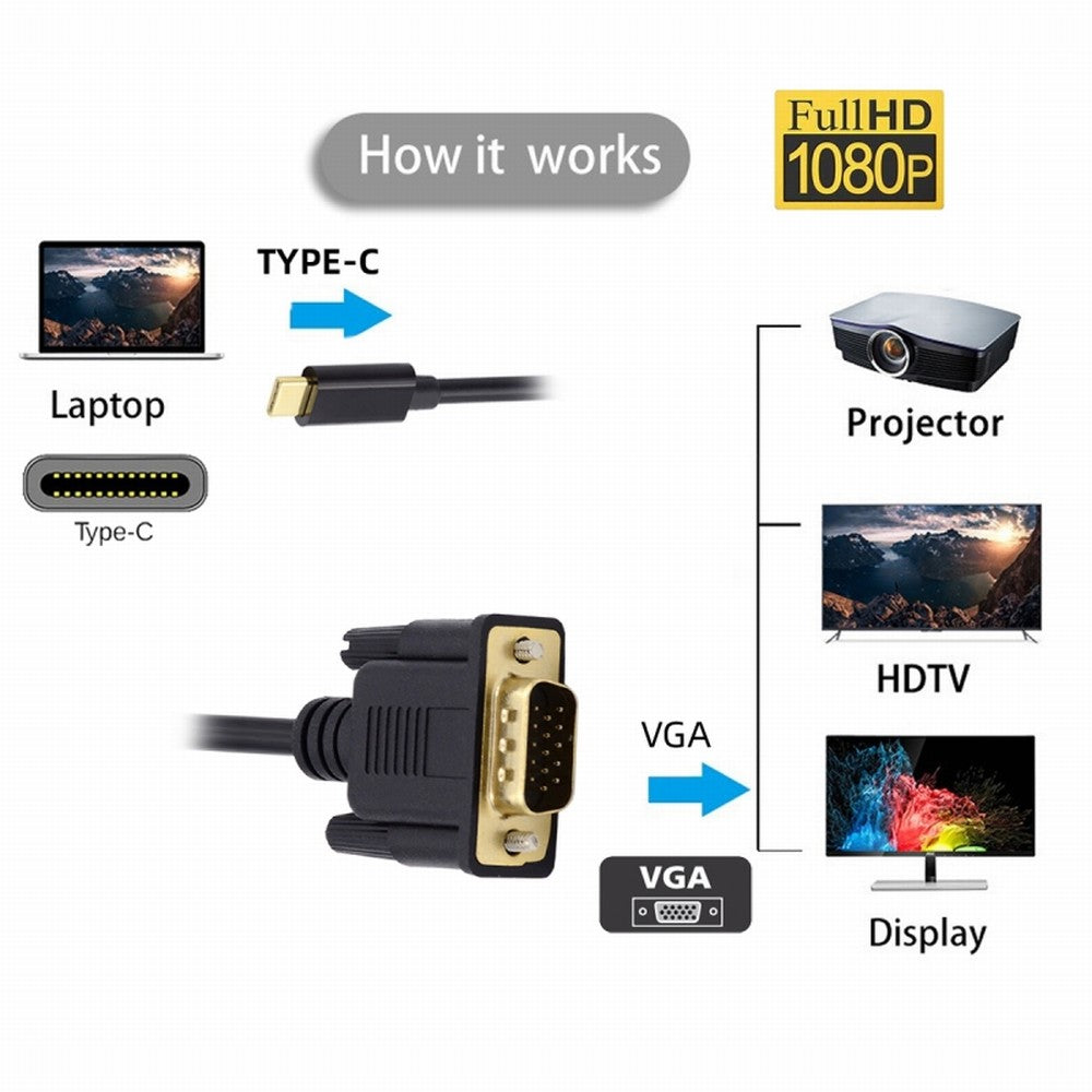 USB 3.1 Type C USB-C Source to VGA RGB 1080P Displays Male Monitor Cable for Laptop 1.8m UC-018-VGA