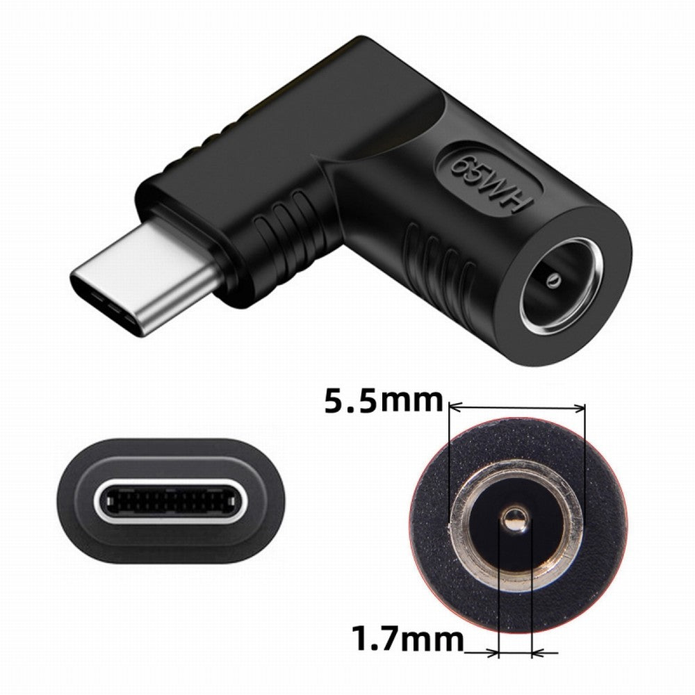 DC Jack 5.5x1.7mm Input to USB-C Type-C Angled 90 Degree Power Plug Charge Adapter for Laptop Phone UC-211-RI-5517MM