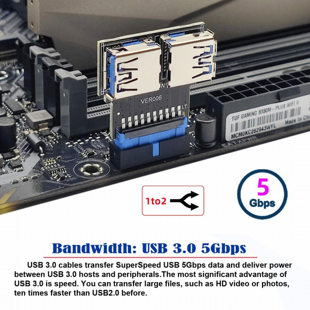 Dual USB 3.0 A Type Female to Motherboard 20/19 Pin Box Header Slot Adapter 5Gbps Horizontal Type PCBA U3-079-RI