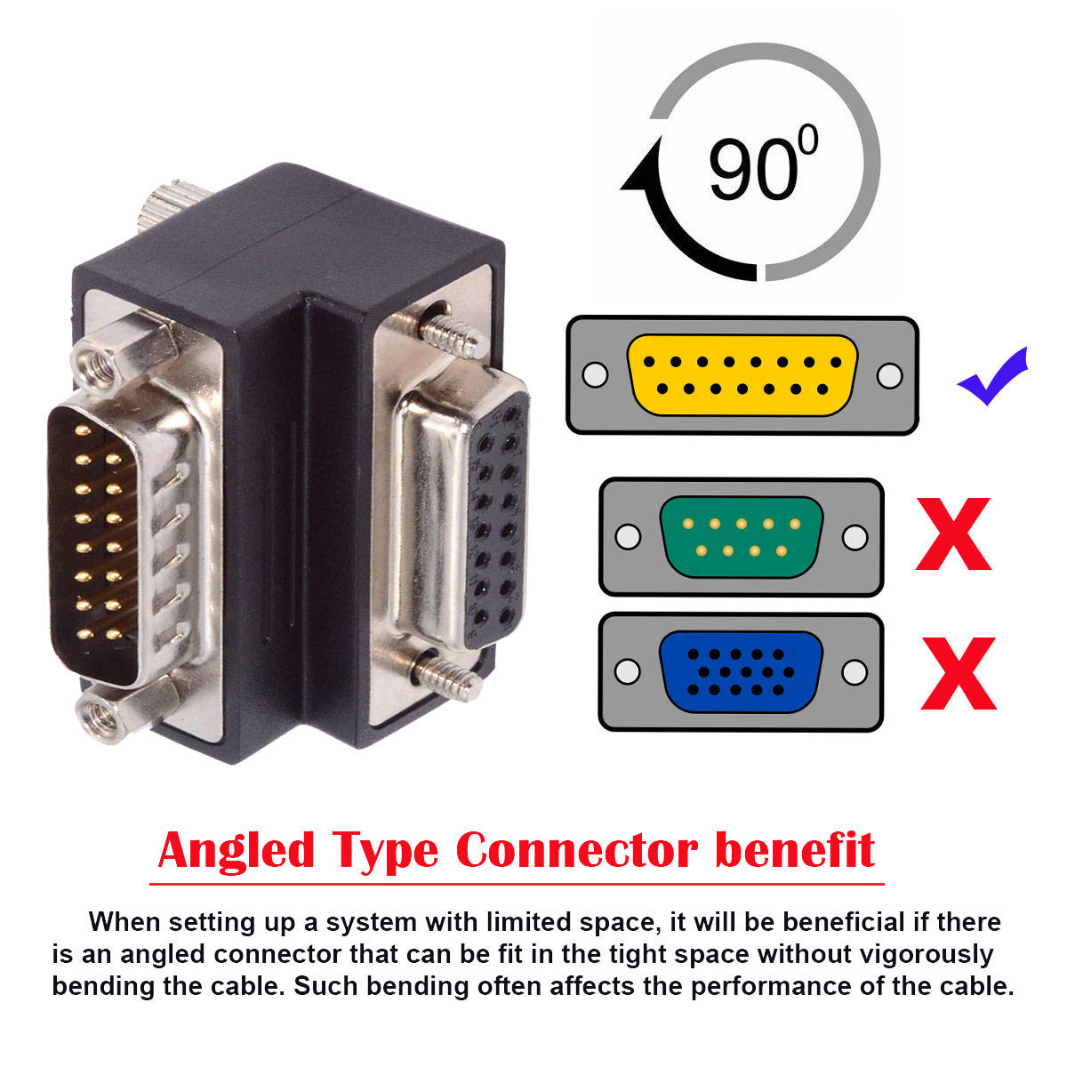 DSUB RS232 D-subminiature 15pin Male Nut to Female Screw Extension Adapter DB Connector Down 90 Degree Angled DB-017-DN
