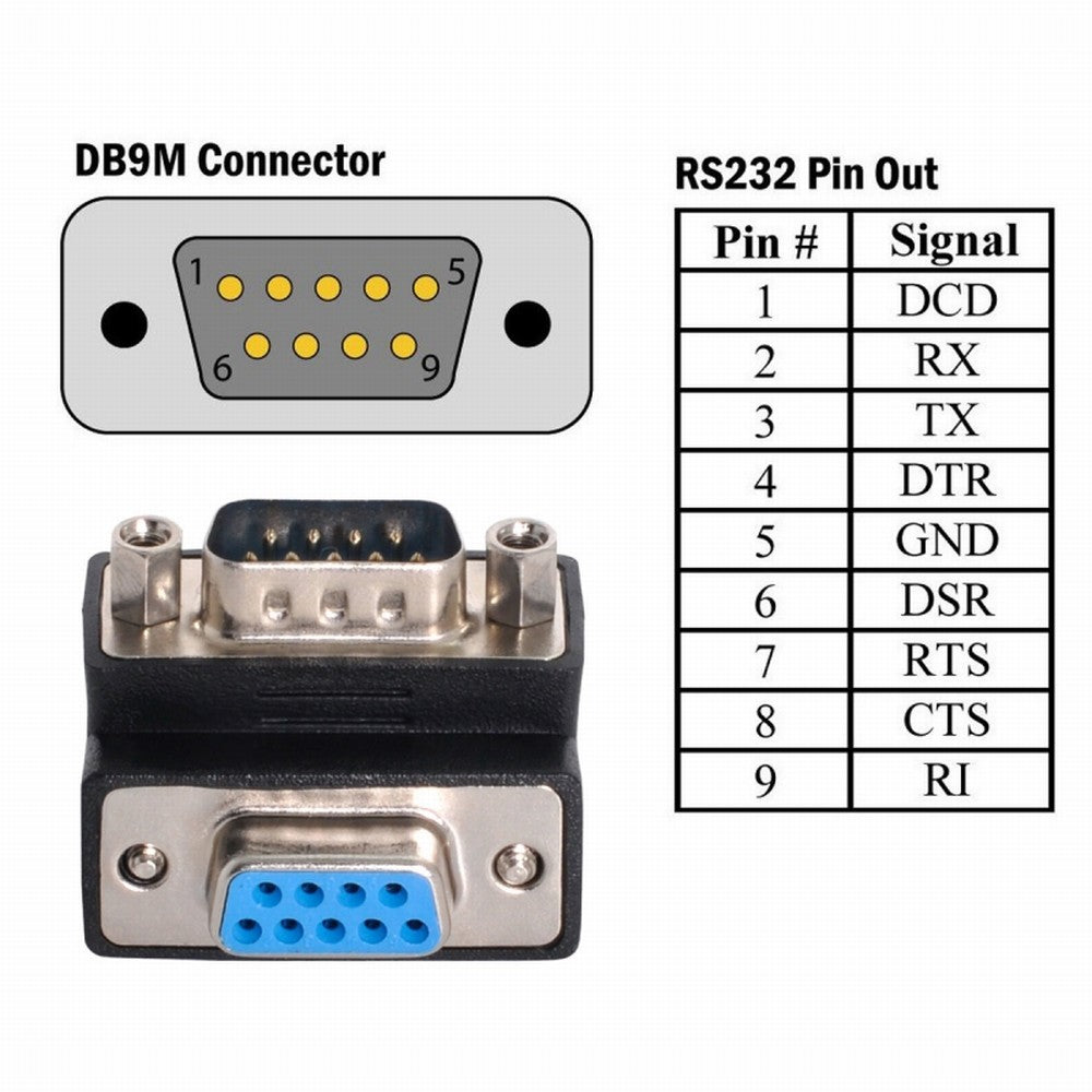 D-Sub RS232 9Pin DB9P Male to Female Down Angled 90 Degree Extension Adapter DB-016-DN