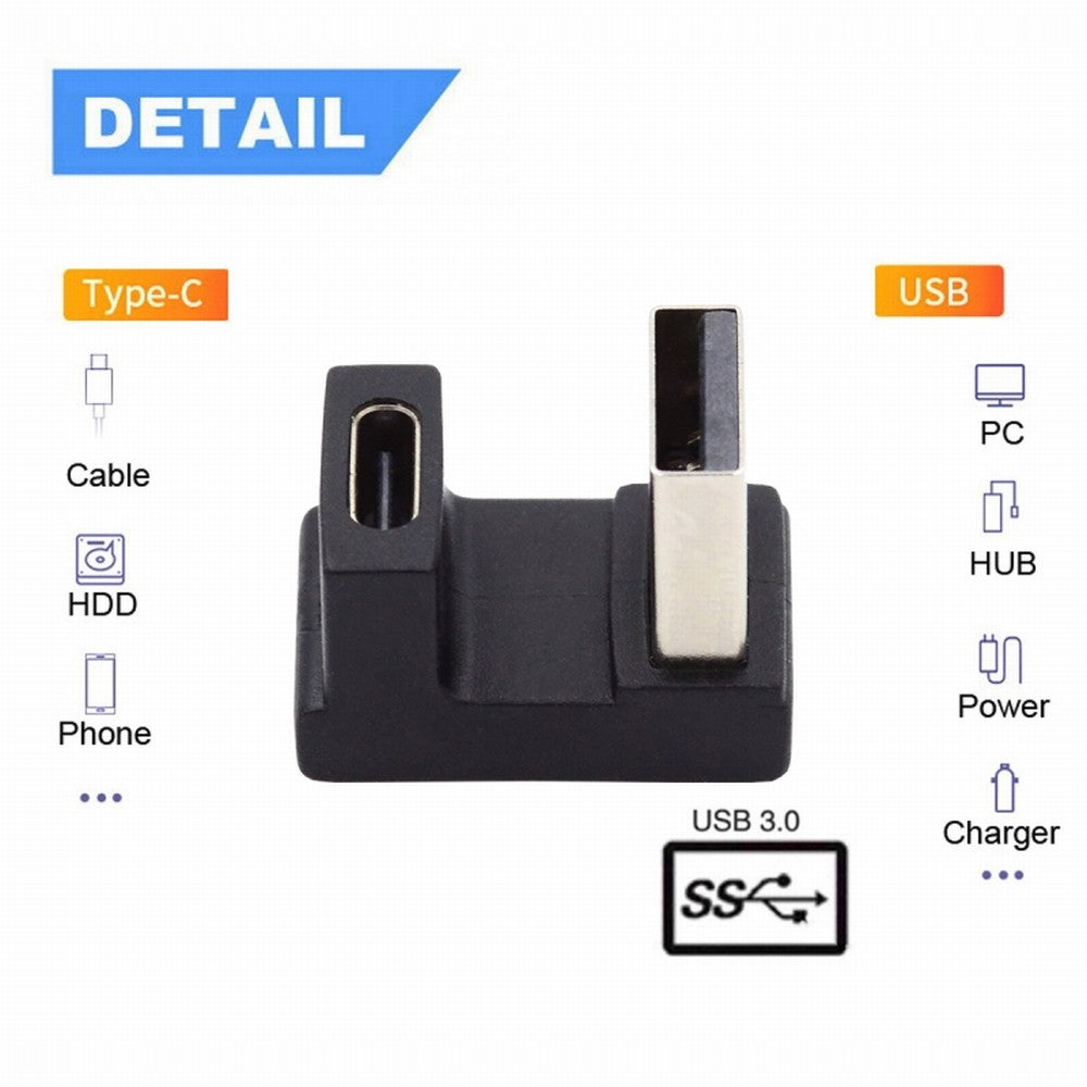 USB-C Type C Female Up Opposite U Shape Back Angled to USB 3.0 A Male Data Adapter for Laptop Desktop UC-067-OU