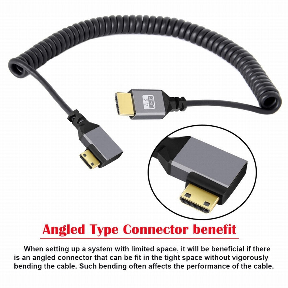 Mini HDMI 2.0 Male to HDMI Male 4K 60hz Stretch Coiled Cable Right Angled 90 Degree for HDTV Computer Laptop Monitor HD-036-RI