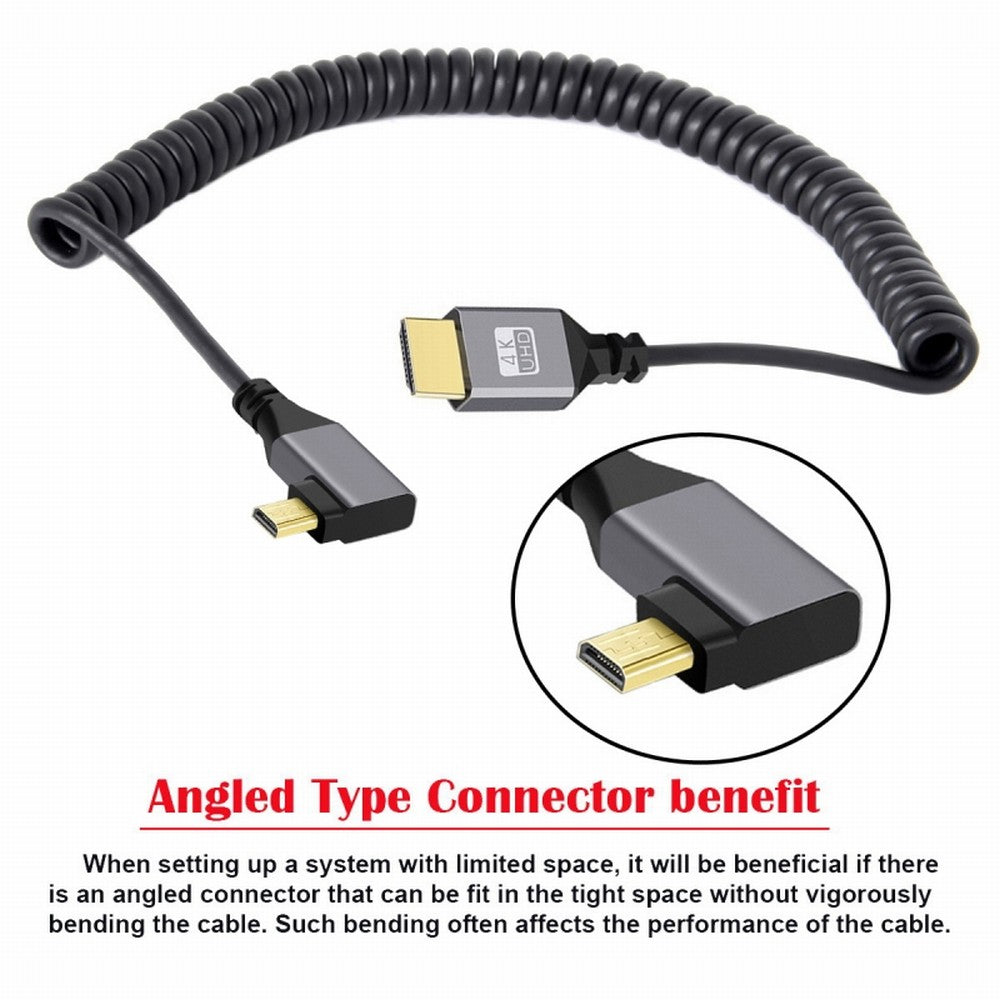 Micro HDMI 2.0 Male to HDMI Male 4K 60hz Stretch Coiled Cable Left Angled 90 Degree for HDTV Computer Laptop Monitor HD-037-LE