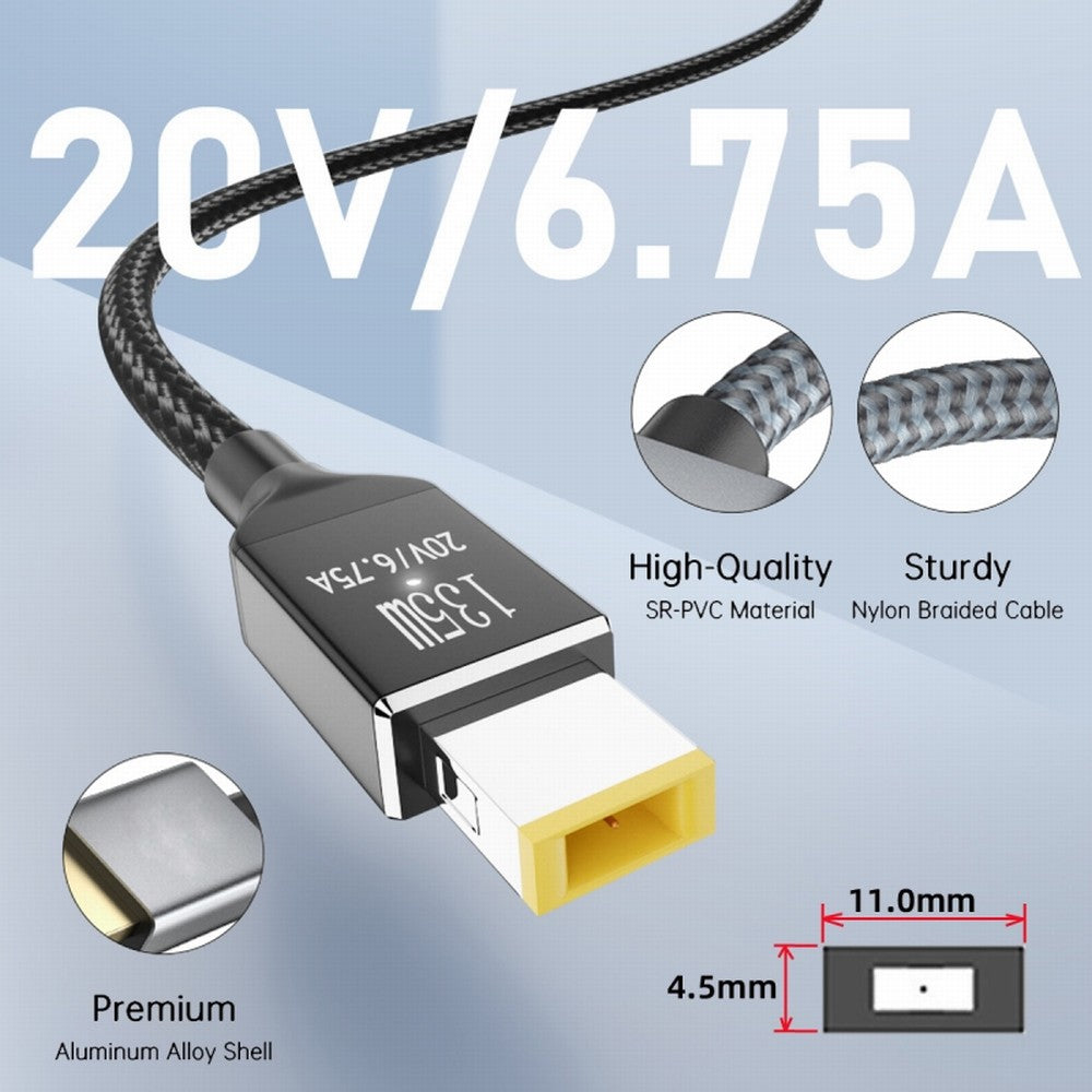 Type-C USB-C 135W to DC Rectangle 11.0*4.5mm Power PD Charge Cable for Thinkpad X1 Legion Y7000P Laptop DC20V 6.25A UC-106-DC135W