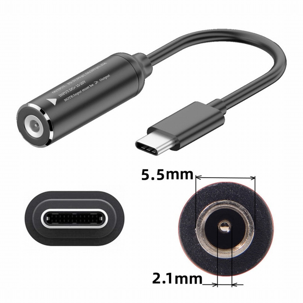 DC Jack 5.5x2.1mm Input to USB-C Type-C Power Plug Charge Cable for Laptop Phone PD9V 5V 20V UC-149-5521MM