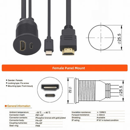 Waterproof Dustproof USB-C Type-C USB &HDMI 4K Extension Flush Car Latch Mount Extension Cable for Dashboard Panel HD-022-1.0M