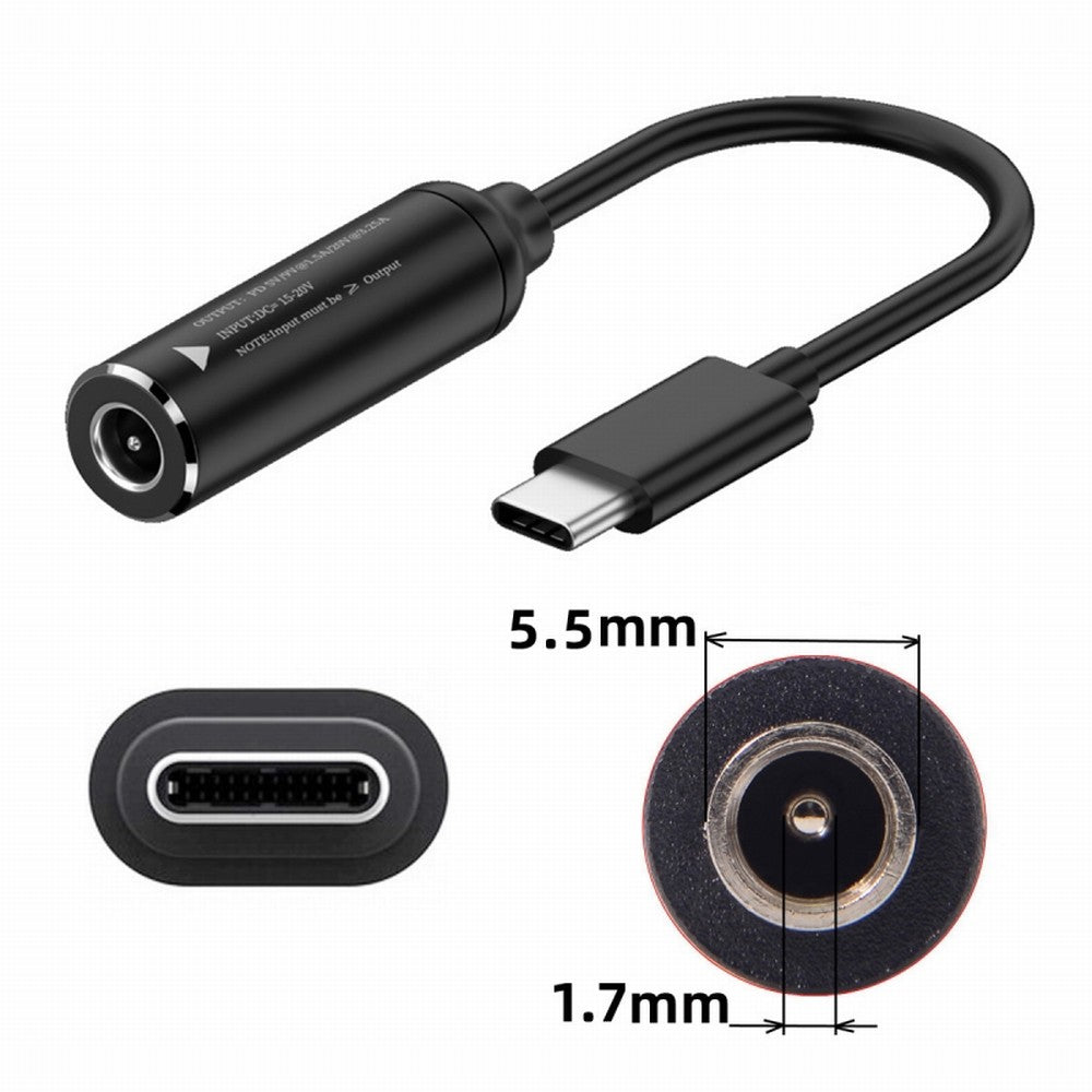 DC Jack 5.5x1.7mm Input to USB-C Type-C Power Plug Charge Cable for Laptop Phone PD9V 5V 20V UC-149-5517MM