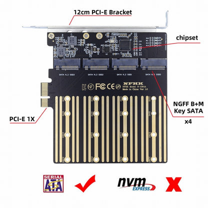 Four SATA NGFF Key B+M SSD to PCI-E 1x Mainboard Desktop Adapter Converter SSD Card ASM1064 2280 SA-061