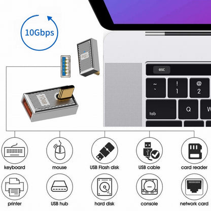 USB-C USB 3.1 Type C Male to USB 3.0 A Female 10Gbps OTG Data 120W Power Low Profile Angled Adapter Alloy Shell Mecha Cyberpunk Style UC-017-LP