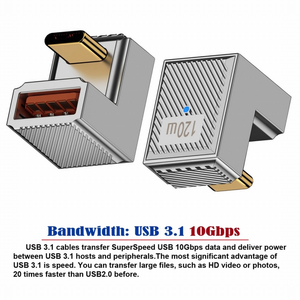 USB-C USB 3.1 Type C Male to USB 3.0 A Female 10Gbps OTG Data 120W Power Opposite U Shape Back Angled Adapter Alloy Shell Mecha Cyberpunk Style UC-017-OS