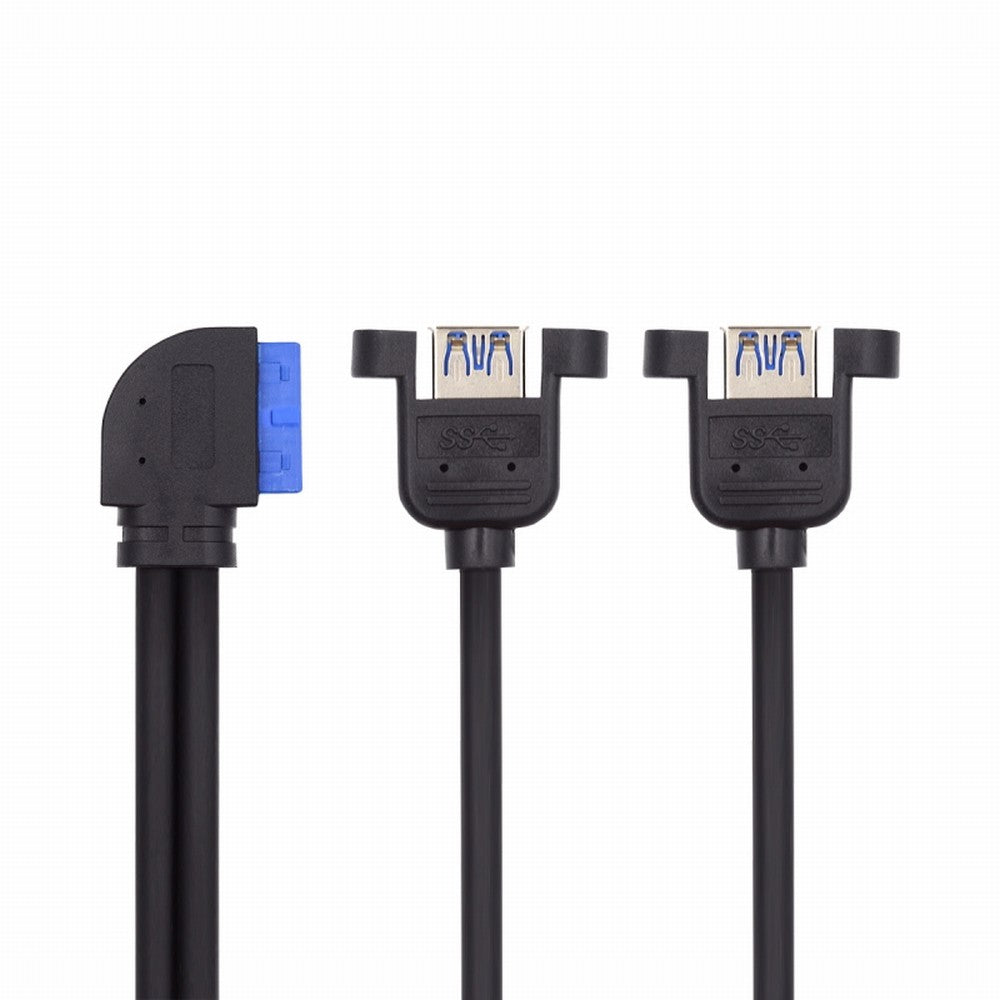 Left Angled 19/20Pin Header to USB 3.0 Dual Ports Female Screw Mount Type Cable 90 Degree 5Gbps U3-088-LE