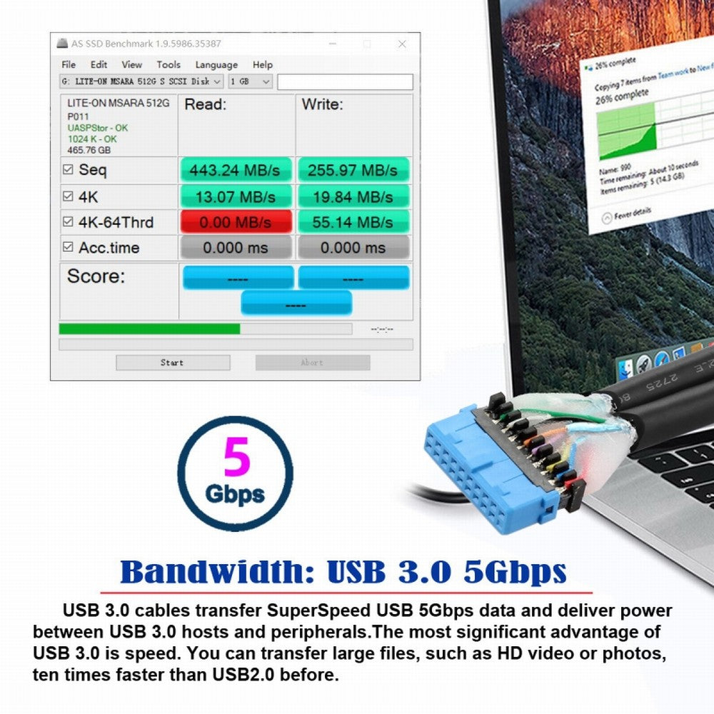 Left Angled 19/20Pin Header to USB 3.0 Dual Ports Female Screw Mount Type Cable 90 Degree 5Gbps U3-088-LE