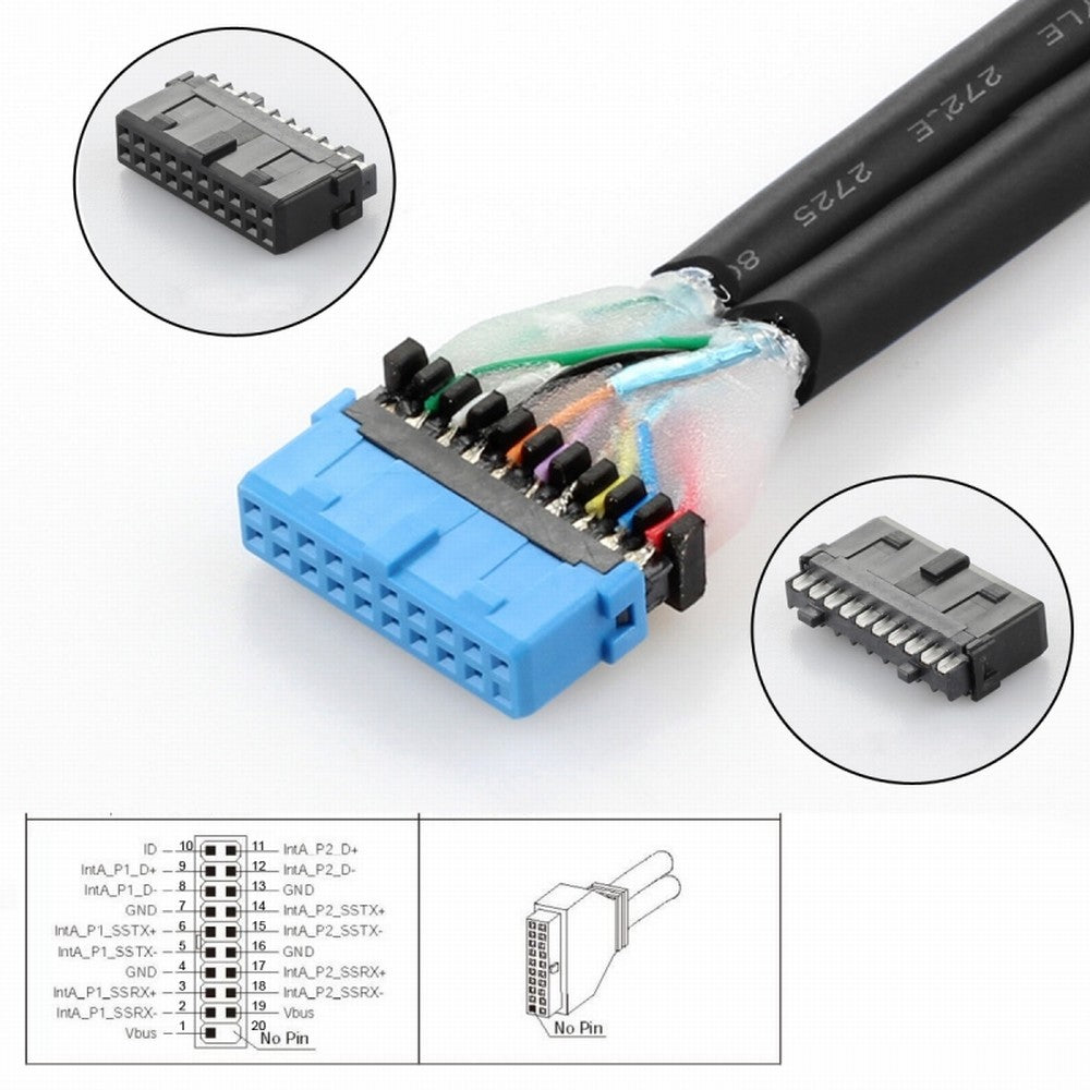 Left Angled 19/20Pin Header to USB 3.0 Dual Ports Female Screw Mount Type Cable 90 Degree 5Gbps U3-088-LE