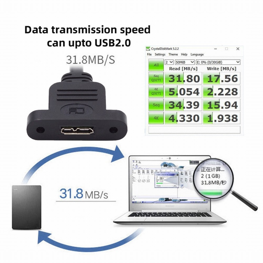 Micro USB 2.0 5Pin Male to Micro 3.0 Type-B Female Screw Mount Type Extension Cable 480Mbps U3-012-MM