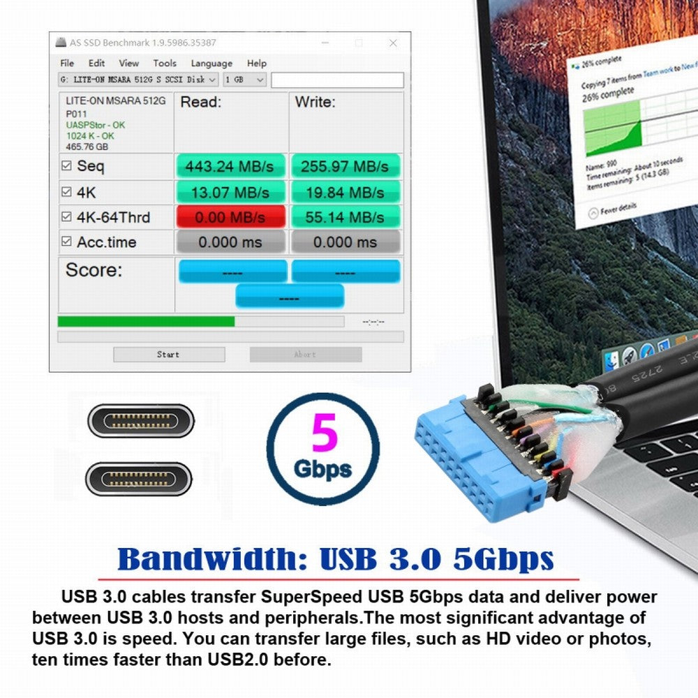 USB3.0 Motherboard 19/20Pin to USB-C Type-C Dual Ports Female PCI-E Back Panel 5Gbps Cable UC-020-CC