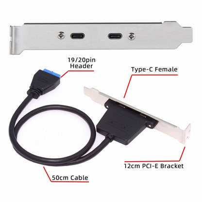 USB3.0 Motherboard 19/20Pin to USB-C Type-C Dual Ports Female PCI-E Back Panel 5Gbps Cable UC-020-CC