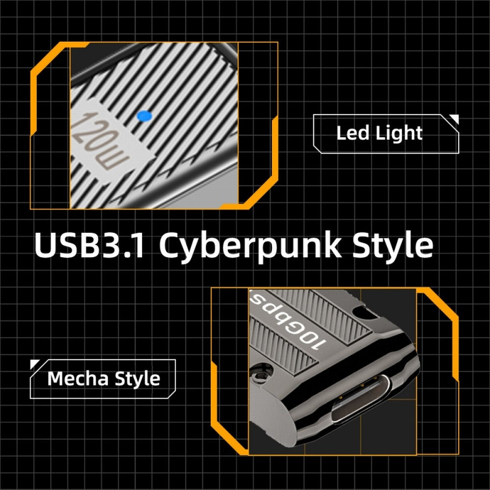 USB-C USB 3.1 Type C Female to USB 3.0 Type-A Male 90 Degree Left Angled Low Profile Type 10Gbps Data 120W Power Adapter Mecha Cyberpunk Style UC-029-TC006