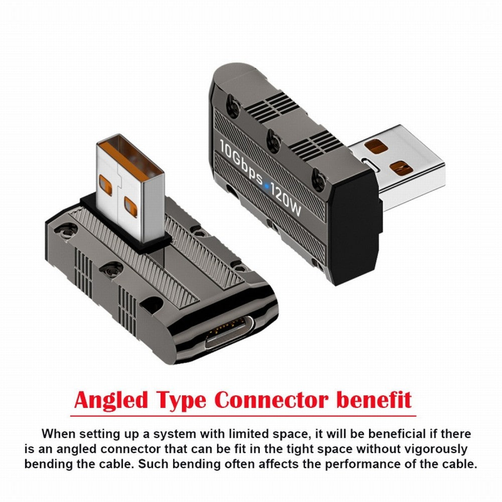 USB-C USB 3.1 Type C Female to USB 3.0 Type-A Male 90 Degree Left Angled Low Profile Type 10Gbps Data 120W Power Adapter Mecha Cyberpunk Style UC-029-TC006