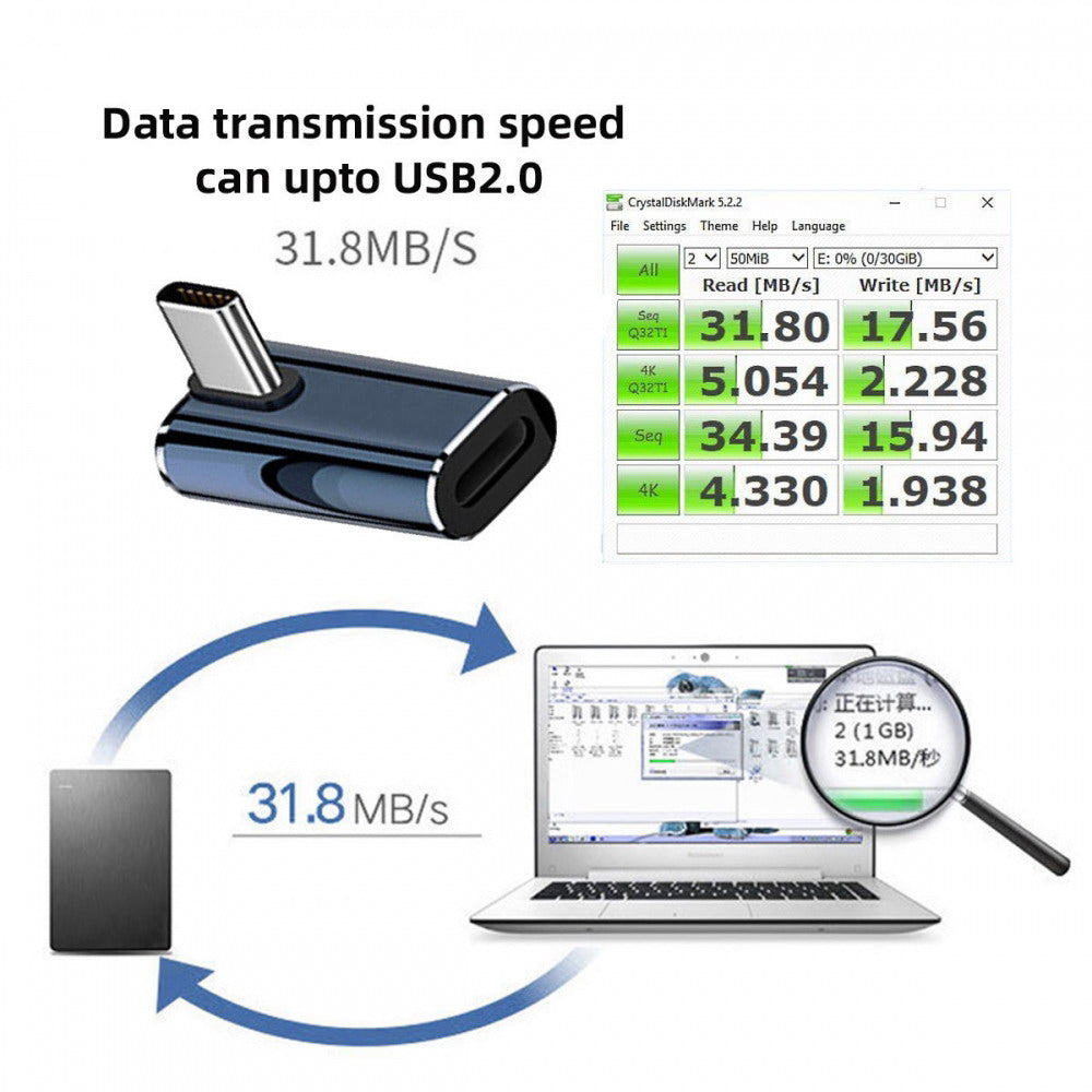 USB-C Type C Male to 8P Female 27W Power 480Mbps Data Adapter Low Profile Angled Compatible with iPhone 15 & Android & Tablet U2-058-LT016