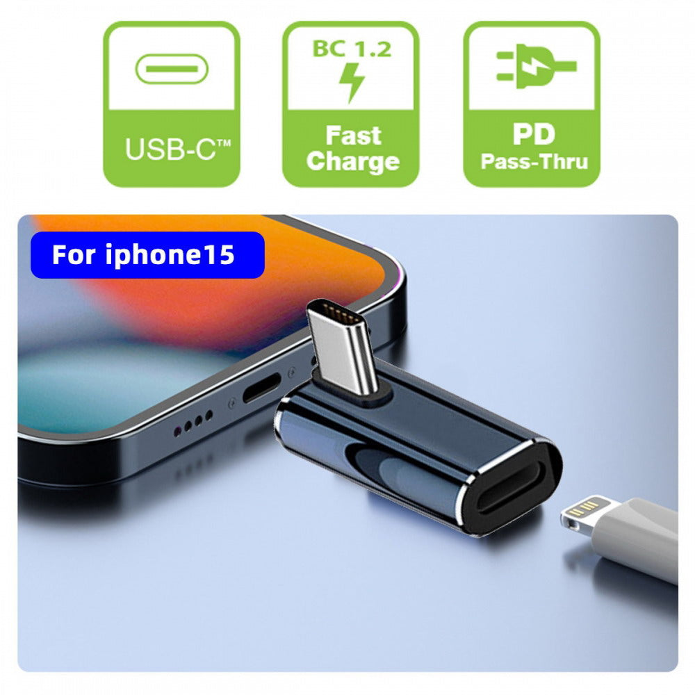 USB-C Type C Male to 8P Female 27W Power 480Mbps Data Adapter Low Profile Angled Compatible with iPhone 15 & Android & Tablet U2-058-LT016