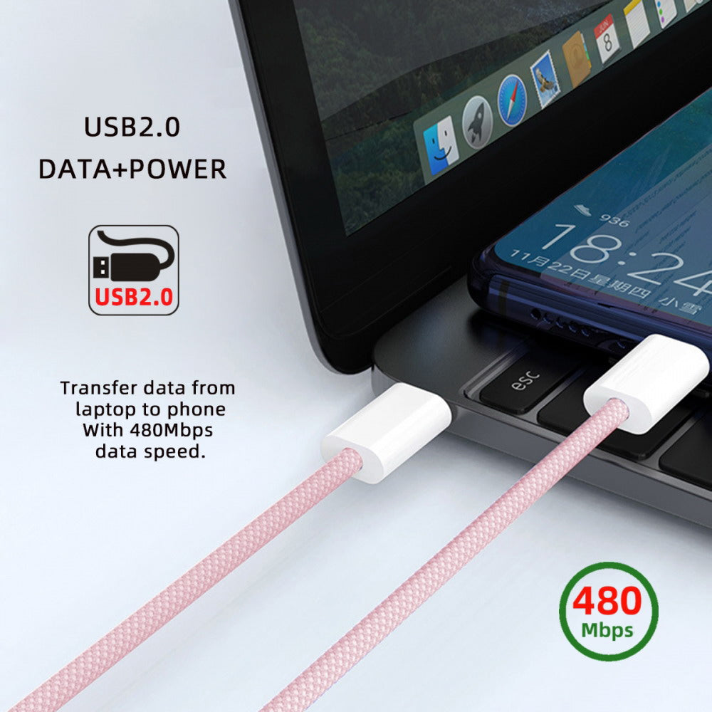 USB-C Type C Male to Male PD 27W 65W Power 480Mbps Data Cable Pink Sleeve for Phone & Tablet & Laptop UC-072-PL