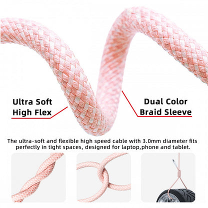 USB-C Type C Male to Male PD 27W 65W Power 480Mbps Data Cable Pink Sleeve for Phone & Tablet & Laptop UC-072-PL