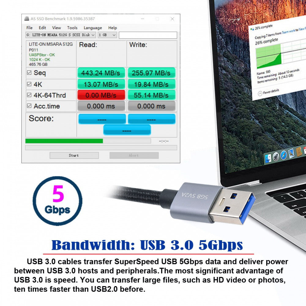 USB 3.0 Type-A Male to USB3.0 A Female Cable Extension Silver 5Gbps for Disk SSD Camera Data 30cm U3-075-AF