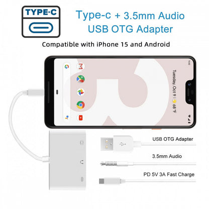 Type C USB-C to 3.5mm Audio AUX & Type-A USB2.0 OTG Female with PD Power Charge Adapter Compatible with Laptop Tablet Phone UC-155-TC004