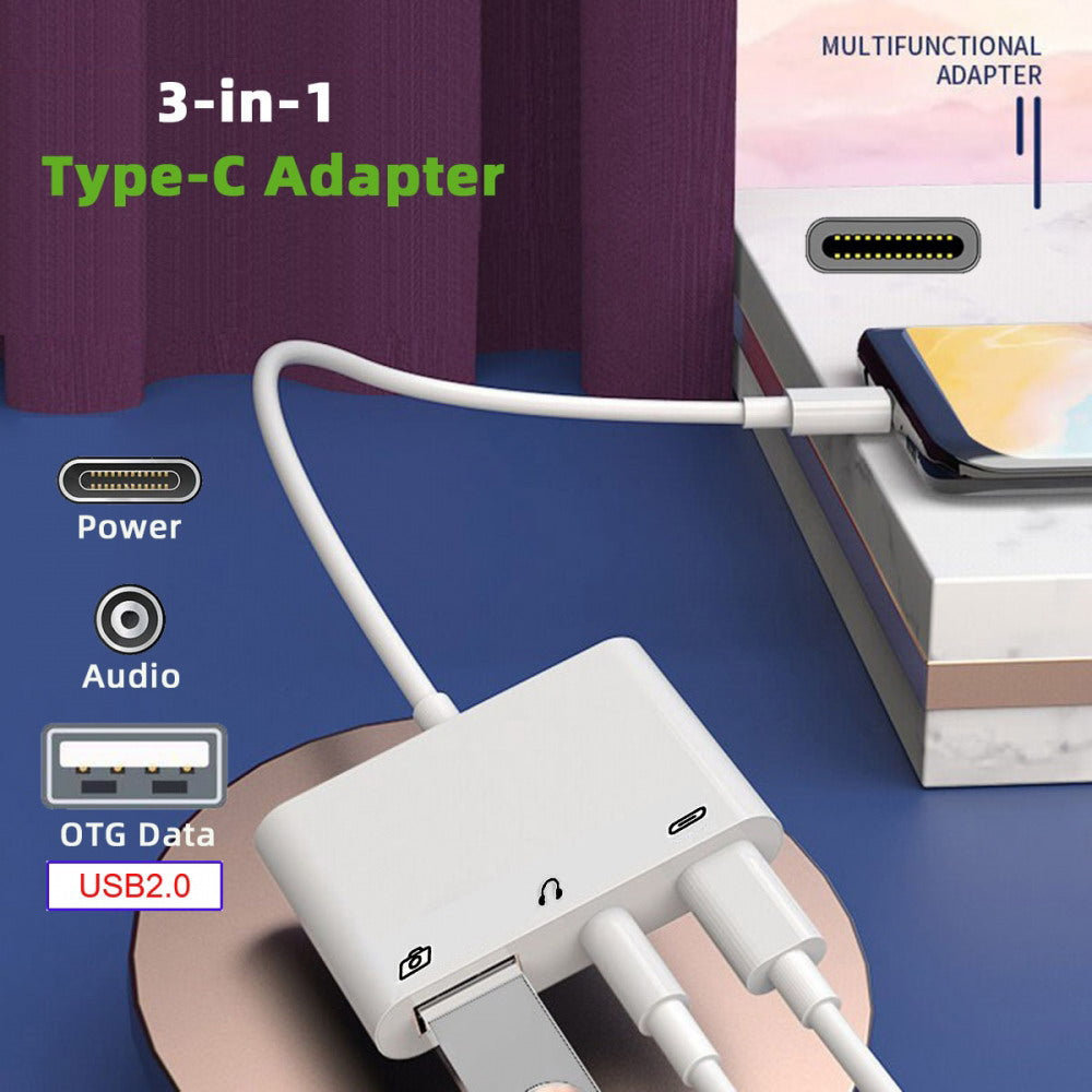 Type C USB-C to 3.5mm Audio AUX & Type-A USB2.0 OTG Female with PD Power Charge Adapter Compatible with Laptop Tablet Phone UC-155-TC004