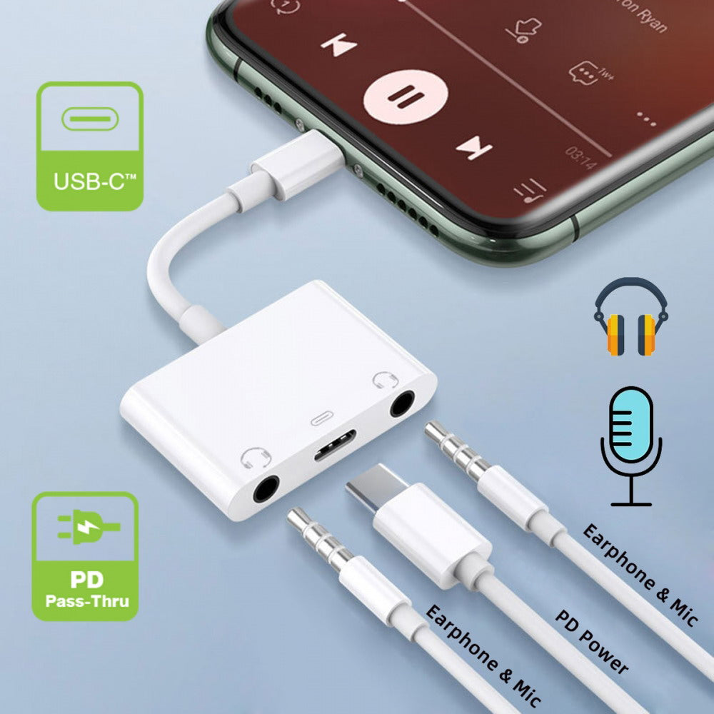 Type C USB-C to Dual 3.5mm Audio AUX & MIC Sound Card with PD Power Charge Adapter Compatible with Laptop Tablet Phone UC-155-TC005