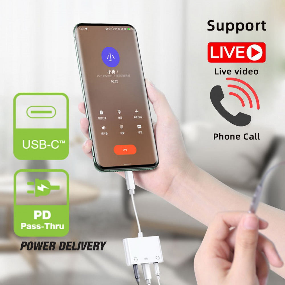 Type C USB-C to Dual 3.5mm Audio AUX & MIC Sound Card with PD Power Charge Adapter Compatible with Laptop Tablet Phone UC-155-TC005