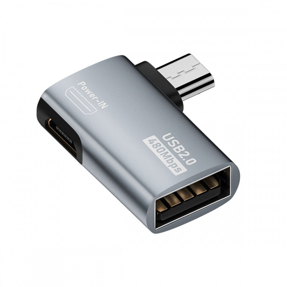 Micro USB 2.0 to Type-A Female OTG Host Adapter 90 Degree Left Angled with USB Power for Phone Tablet U2-009-LE