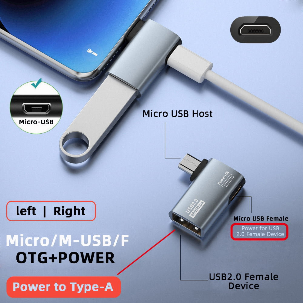 Micro USB 2.0 to Type-A Female OTG Host Adapter 90 Degree Right Angled with USB Power for Phone Tablet U2-009-RI