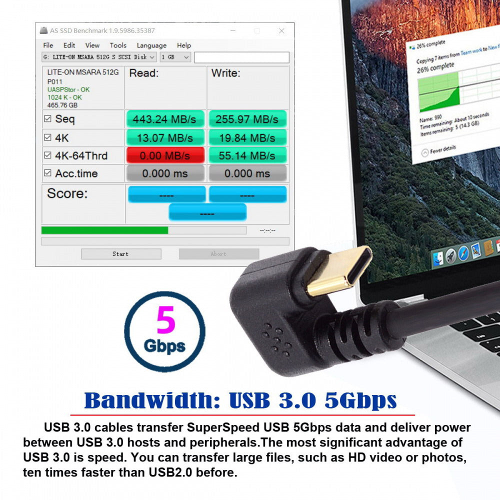 Right Angled USB3.0 Type-A to Type C USB-C Male to Male Power Data Cable 5Gbps USB-C Opposite U Shape Back Angled UC-101-RI
