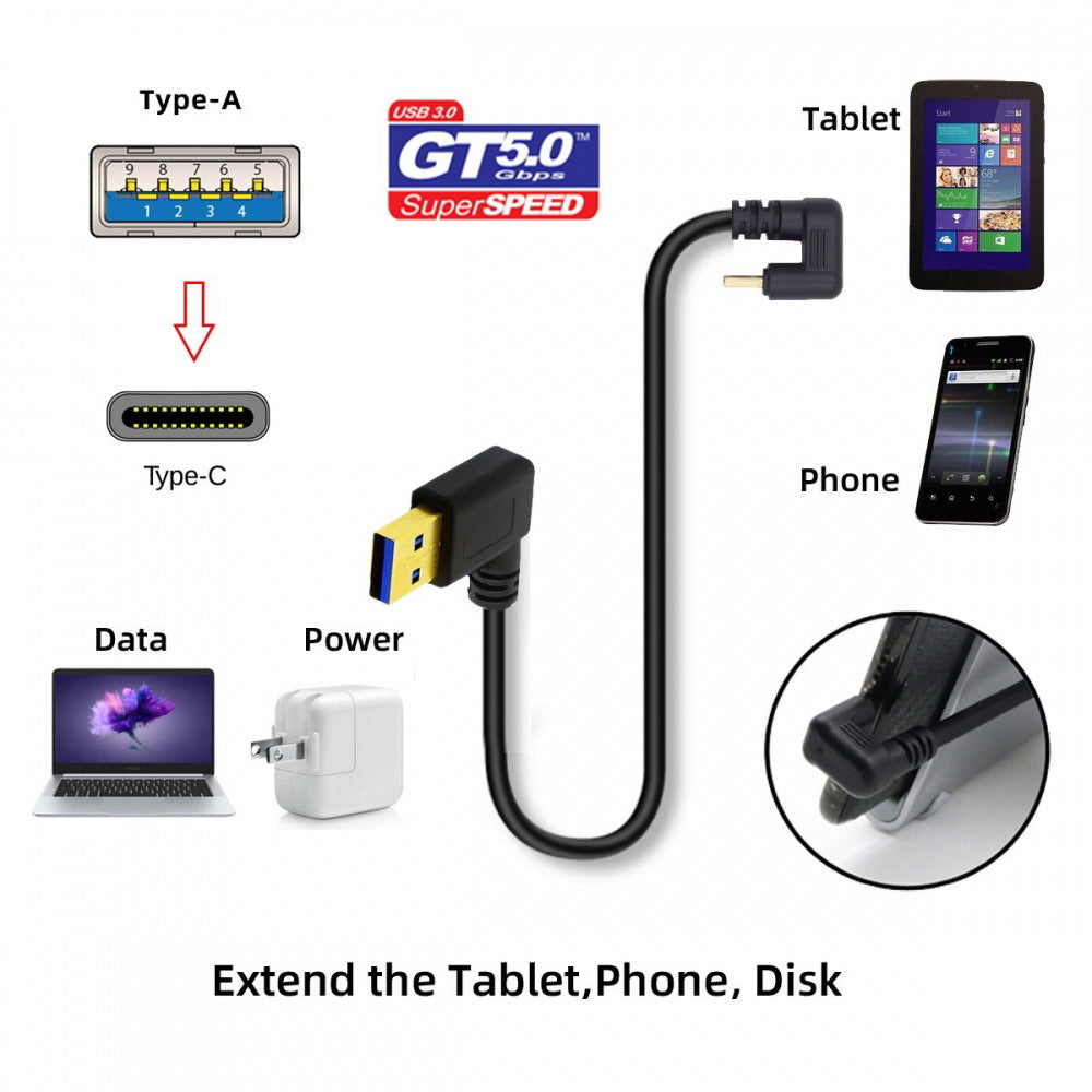 Right Angled USB3.0 Type-A to Type C USB-C Male to Male Power Data Cable 5Gbps USB-C Opposite U Shape Back Angled UC-101-RI