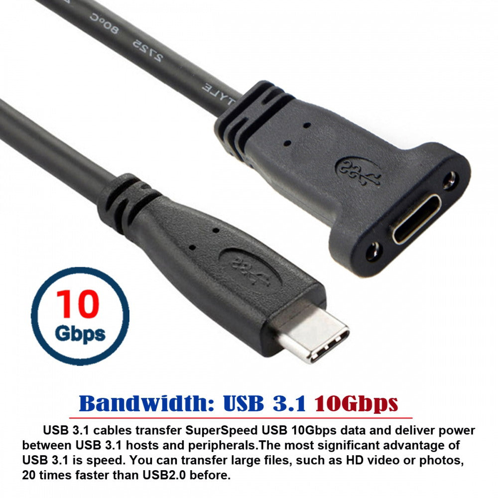 USB-C USB 3.1 Type C Male to Female Extension Data Cable with Panel Mount Screw Hole UC-041-BK