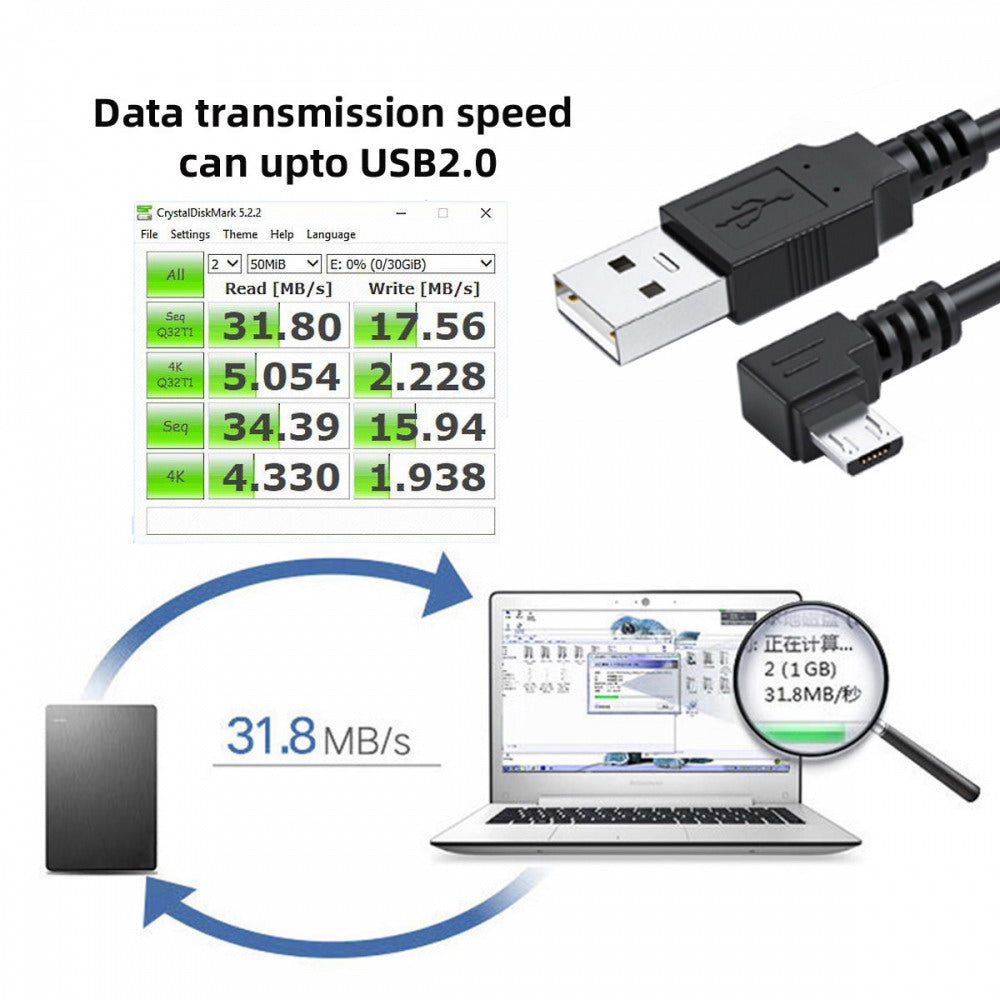 Left Angled 90 Degree Micro USB 5Pin to USB 2.0 Data Charge Cable for Phone Tablet U2-089-LE