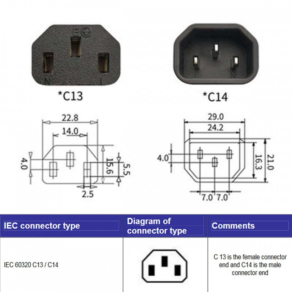 IEC Male C14 to Down Right Angled 90 Degree IEC Female C13 Power Extension Adapter AC Converter PW-031-DN