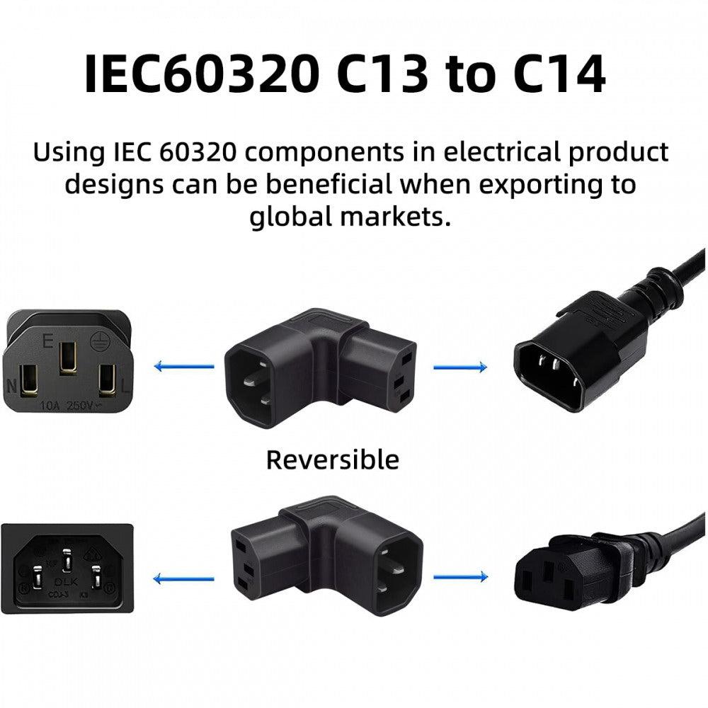 IEC Male C14 to Down Right Angled 90 Degree IEC Female C13 Power Extension Adapter AC Converter PW-031-DN