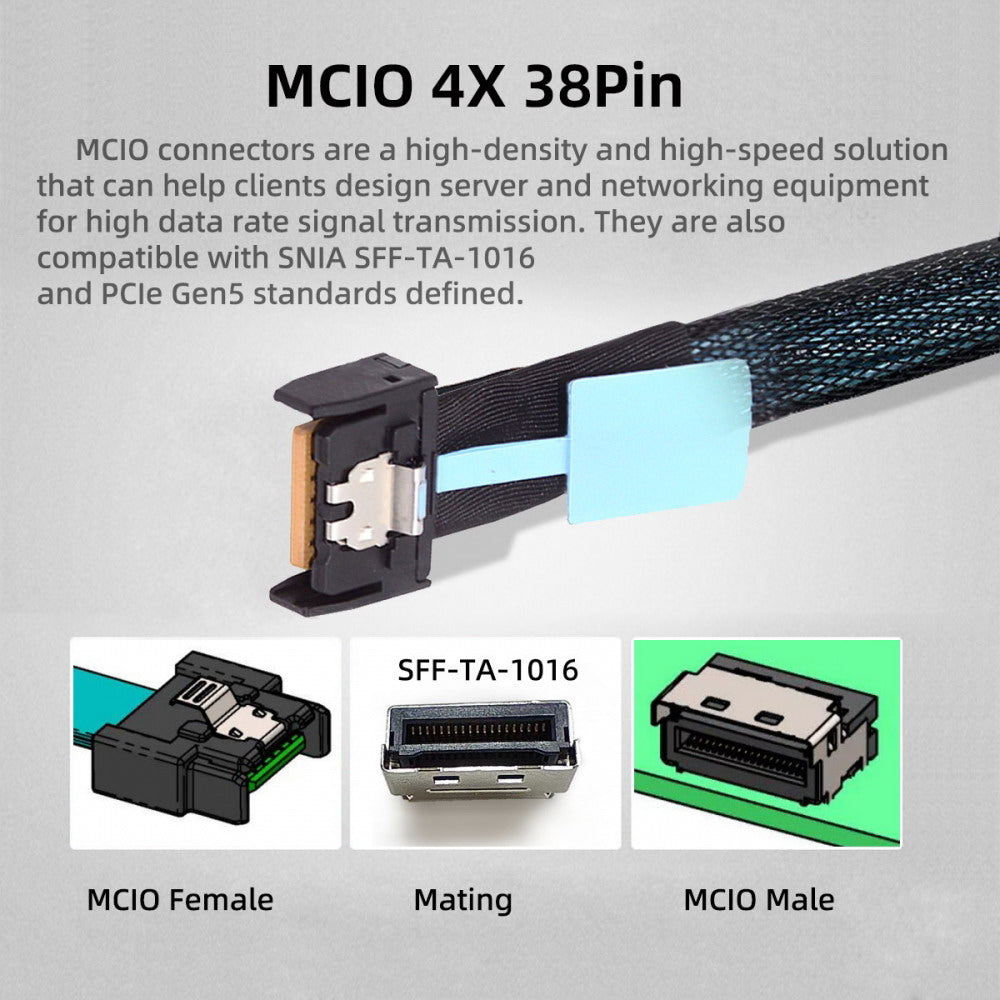 PCI-E 5.0 Mini Cool Edge IO MCIO PCI-E 4i 38Pin Male to MCIO 4i SFF-TA-1016 Extender Cable 50cm SF-079