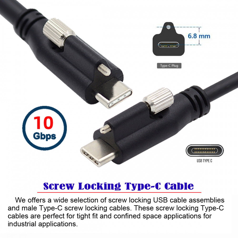 USB 3.1 Type-C Locking to Locking USB-C Data Power Cable for Camera With Single Panel Mount Screw Connector UC-047-1.2M