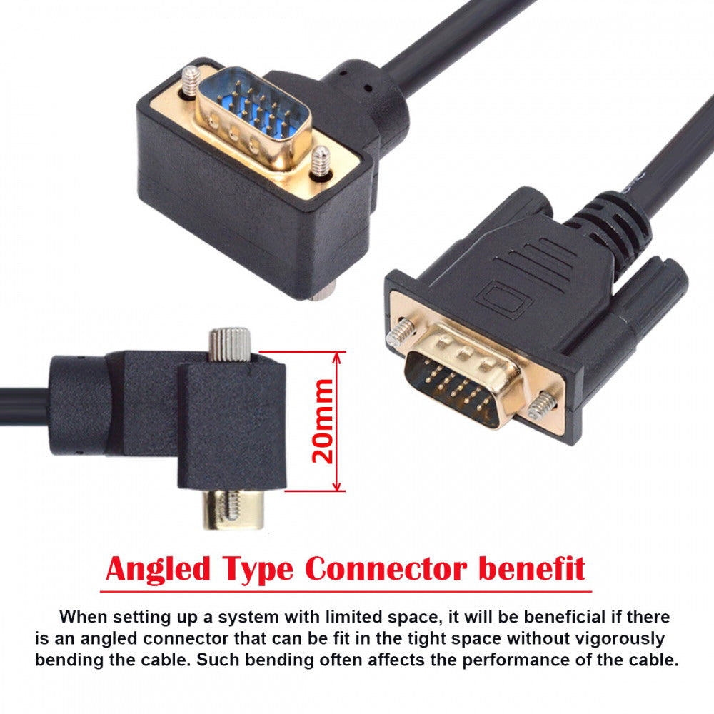 90 Degree Down Angled VGA RGB Male to Straight Male Extension Cable 3COAX+6C for Monitor Projector Computer DB-007-DN